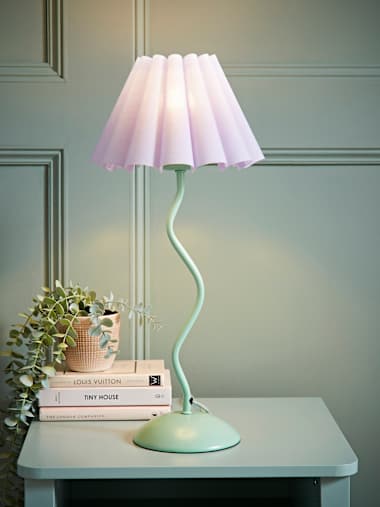 Wiggle Green Table Lamp with Lilac Pleated Tapered Shade