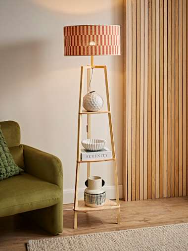Hiru Natural Shelved Floor Lamp with Orange Bamboo Shade