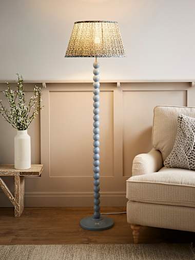 Bobbles Powder Blue Bobbin Floor Lamp with Floral Print Pleated Shade