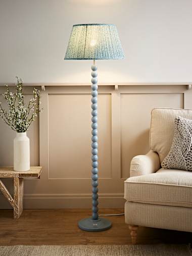 Bobbles Powder Blue Bobbin Floor Lamp with Leaf Print Pleated Shade