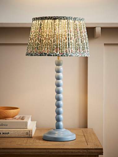 Powder Blue Bobbin Table Lamp with Floral Print Pleated Shade