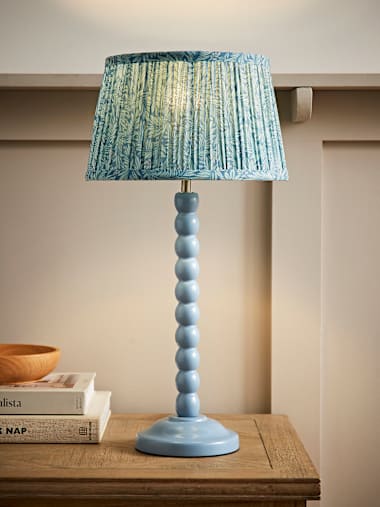 Bobbles Powder Blue Bobbin Table Lamp with Leaf Print Pleated Shade