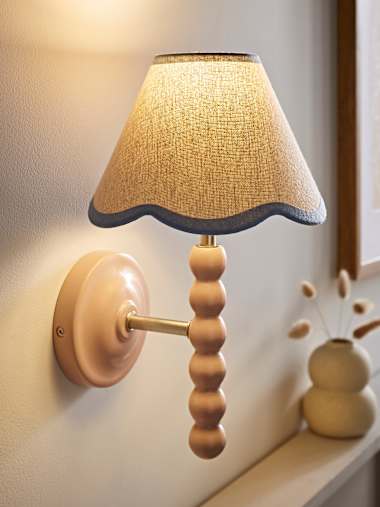 Rose Pink Bobbin Wall Light with Blue Trim Scalloped Shade