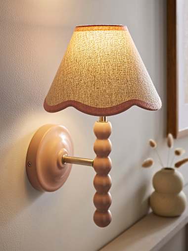 Rose Pink Bobbin Wall Light with Pink Trim Scalloped Shade