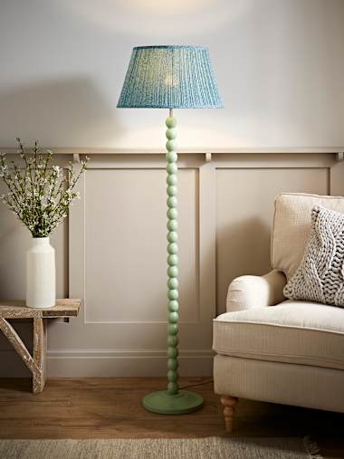 Bobbles Sage Green Bobbin Floor Lamp with Leaf Print Pleated Shade