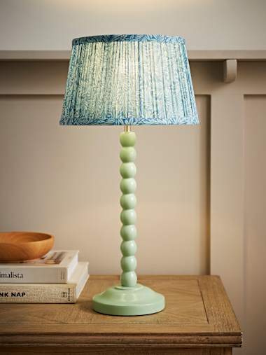 Bobbles Sage Green Bobbin Table Lamp with Leaf Print Pleated Shade