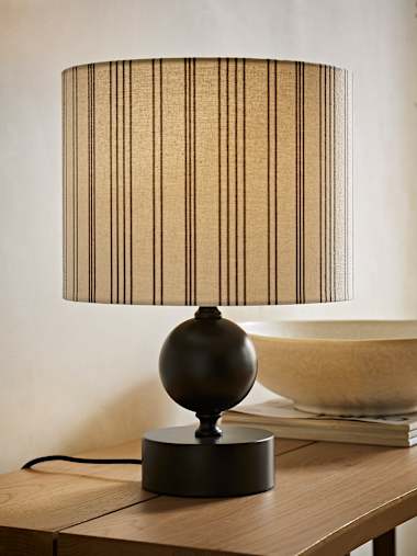 Black Candlestick Table Lamp with Striped Linen Shade