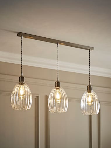 Shaw Brushed Chrome and Ribbed Glass 3 Drop Diner Ceiling Light