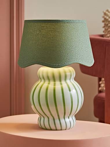 Green Striped Glass Table Lamp with Green Scalloped Shade