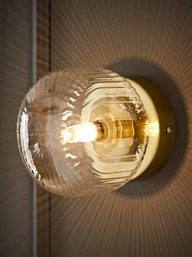 Calpe Pair of Brushed Gold and Ribbed Glass Flush Wall Lights