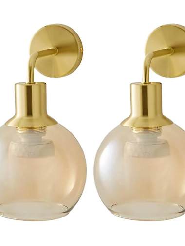 Pair of Brushed Gold Rechargeable Amber Glass Wall Lights with Remote