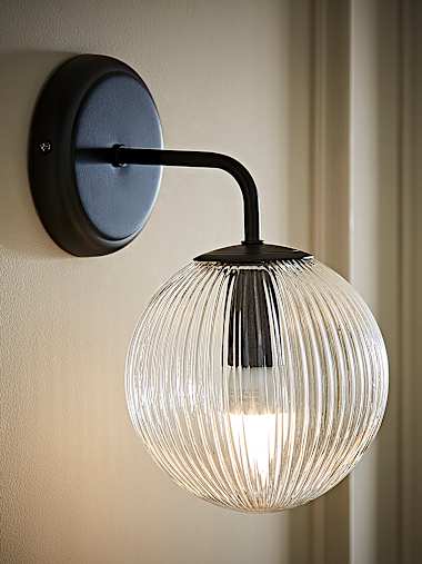 Kempton Pair of Matte Black and Ribbed Glass Globe Wall Lights