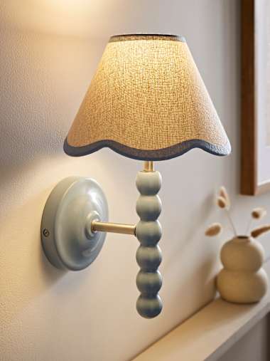 Pair of Powder Blue Bobbin Wall Lights with Blue Trim Scalloped Shades