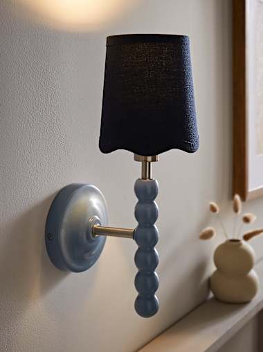 Bobbles Pair of Powder Blue Bobbin Wall Lights with Navy Scalloped Shades