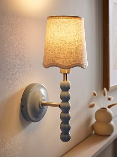 Pair of Powder Blue Bobbin Wall Lights with Natural Scalloped Shades