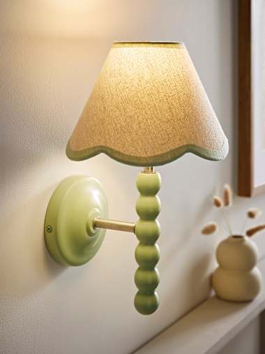 Pair of Sage Green Bobbin Wall Lights with Green Trim Scalloped Shades