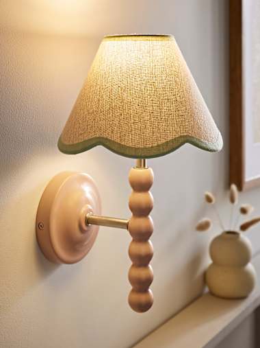 Pair of Rose Pink Bobbin Wall Lights with Green Trim Scalloped Shades