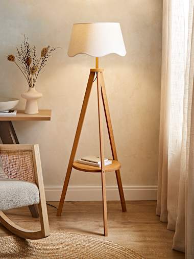 Mid Wood Tripod Floor Lamp with Natural Linen Scalloped Shade