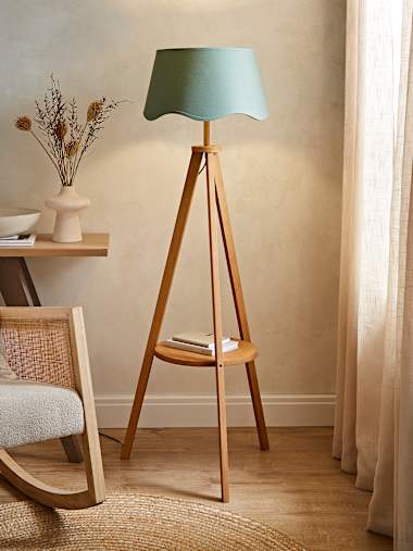 Mid Wood Tripod Floor Lamp with Sage Green Linen Scalloped Shade