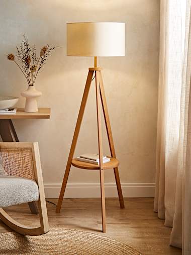 Mid Wood Tripod Floor Lamp with Natural Shade