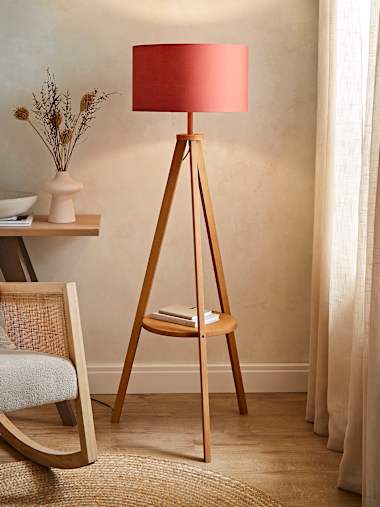 Mid Wood Tripod Floor Lamp with Rust Shade