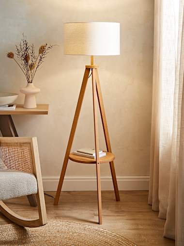 Mid Wood Tripod Floor Lamp with Natural Trim Linen Shade