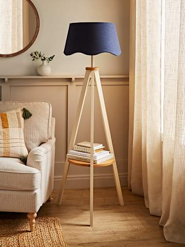 Cream Tripod Floor Lamp with Navy Linen Scalloped Shade