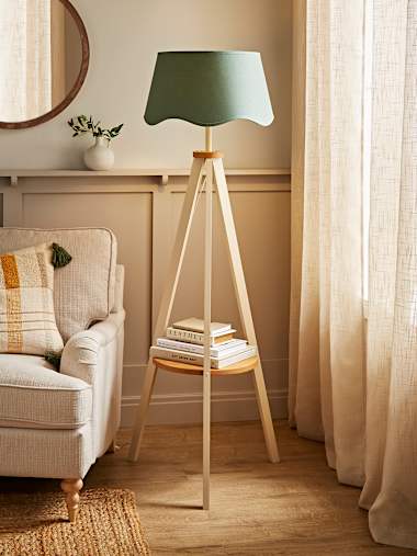 Cream Tripod Floor Lamp with Sage Green Linen Scalloped Shade