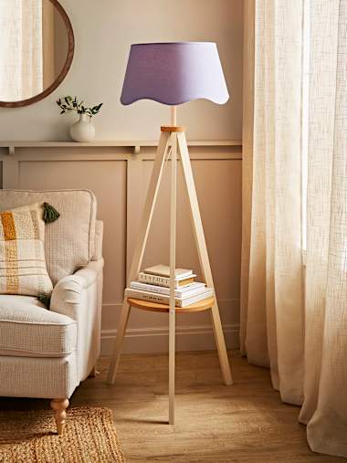 Cream Tripod Floor Lamp with Lilac Linen Scalloped Shade