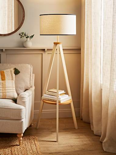 Cream Tripod Floor Lamp with Natural Trim Linen Shade