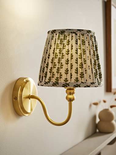 Binky Brushed Gold Rechargeable Wall Light with Green Pleated Shade