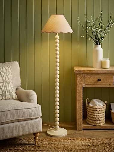 Cream Bobbin Floor Lamp with Pink Trim Scallop Shade