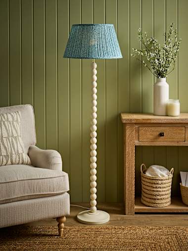 Cream Bobbin Floor Lamp with Leaf Print Taper Shade