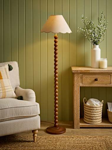 Walnut Bobbin Floor Lamp with Natural Trim Scallop Shade