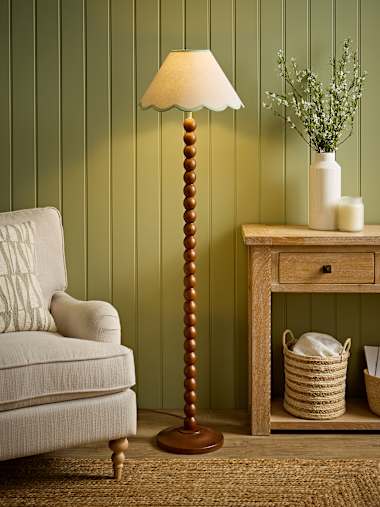 Walnut Bobbin Floor Lamp with Green Trim Scallop Shade