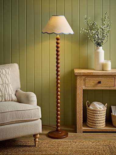 Walnut Bobbin Floor Lamp with Blue Trim Scallop Shade