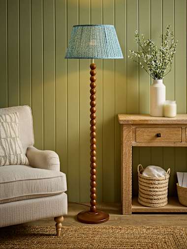 Walnut Bobbin Floor Lamp with Leaf Print Shade