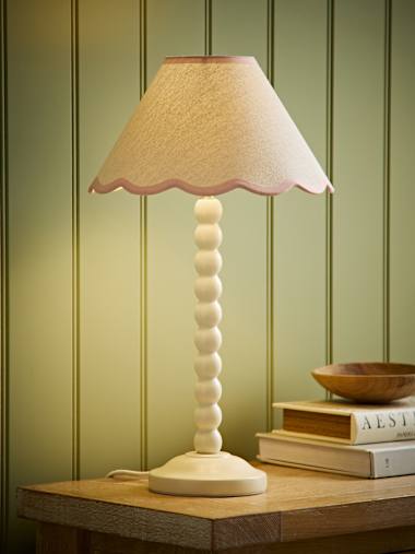 Cream Bobbin Table Lamp with Pink Trim Scallop Shade