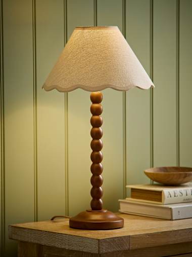 Walnut Bobbin Table Lamp with Natural Trim Scallop Shade