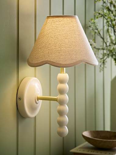 Cream Bobbin Wall Light with Natural Trim Scallop Shade