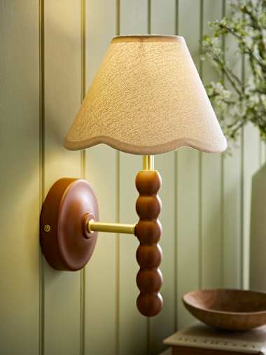 Walnut Bobbin Wall Light with Natural Trim Scallop Shade