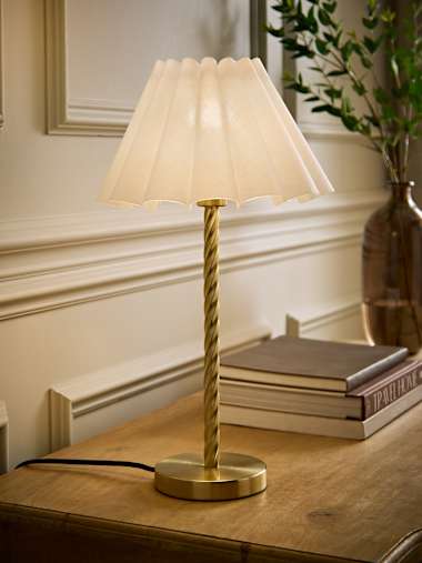 Brushed Gold Twisted Stem Table Lamp with White Pleated Taper Shade