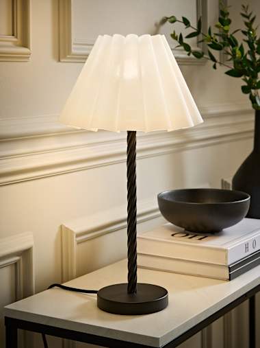 Matte Black Twisted Stem Table Lamp with White Pleated Taper Shade