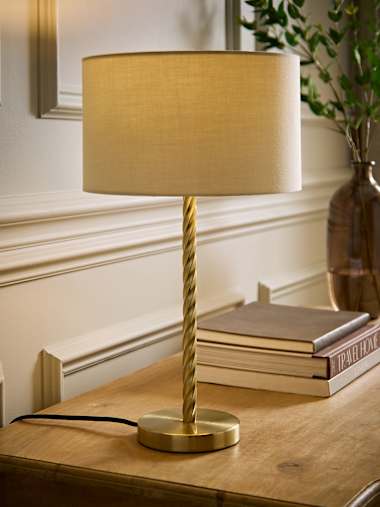 Brushed Gold Twisted Stem Table Lamp with Natural Drum Shade