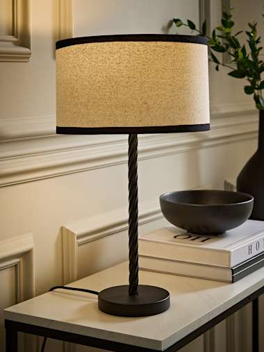 Matte Black Twisted Stem Table Lamp with Black Trim Drum Shade