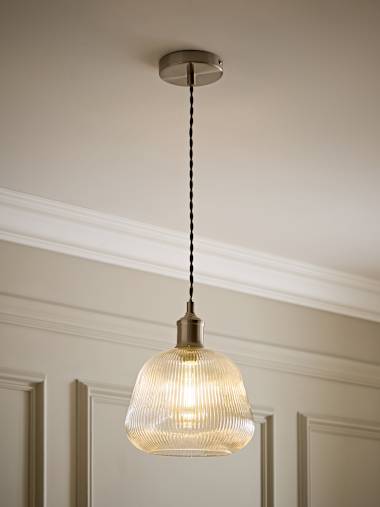 Brushed Chrome and Ribbed Glass Bell Pendant Ceiling Light