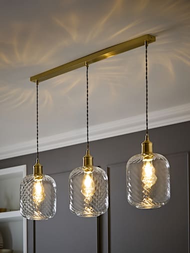 Brushed Gold and Clear Swirl Glass 3 Drop Diner Ceiling Light
