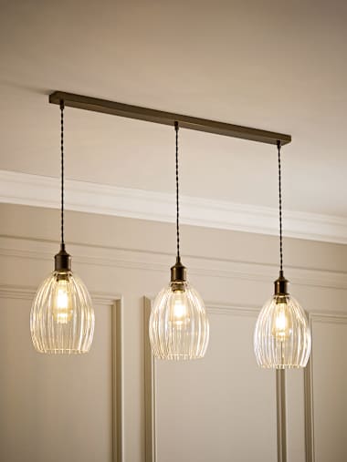 Brushed Brass and Ribbed Glass 3 Drop Diner Ceiling Light