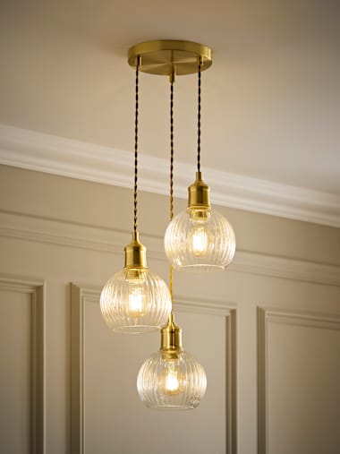 Brushed Gold and Ribbed Glass Dome 3 Drop Cluster Ceiling Light