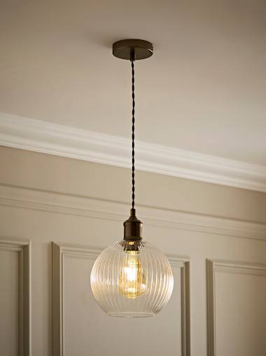 Brushed Brass Pendant Ceiling Light with Ribbed Glass Dome Shade